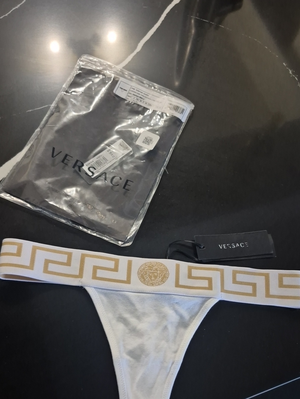 Versace White & Gold Greek Key Medusa Thong